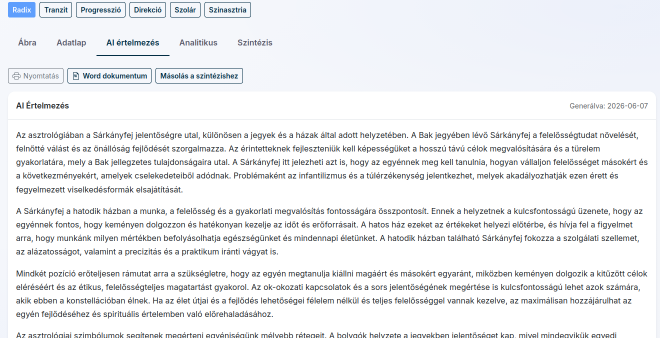 AI értelmezés fül a natál asztrogramnál
